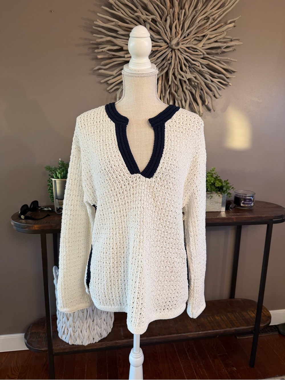 NWT C&C California Crochet Knit Navy Blue and White Sweater
